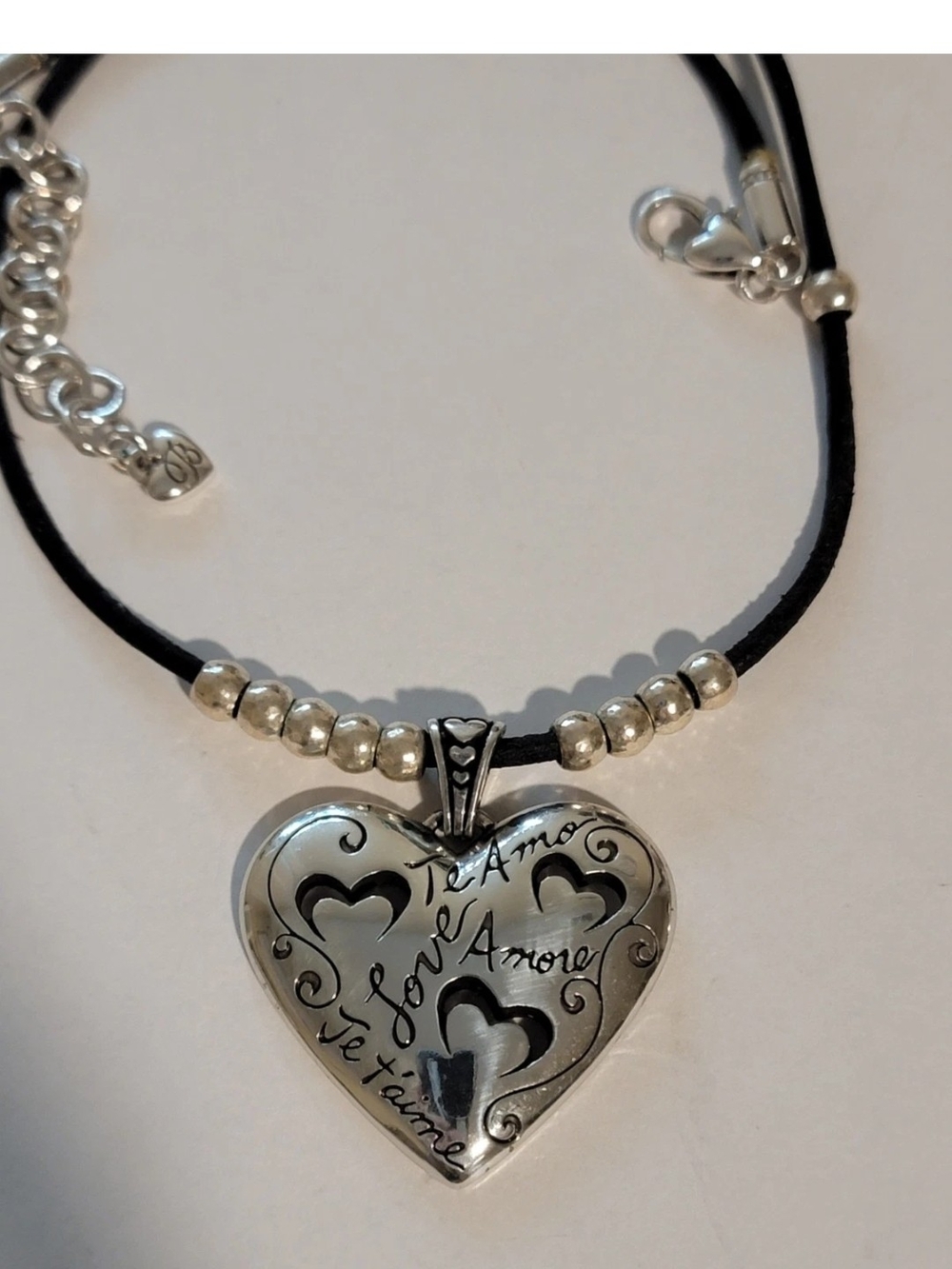 Brighton Silver Tone Heart LOVE TE AMO Pendant Necklace with Black Cord